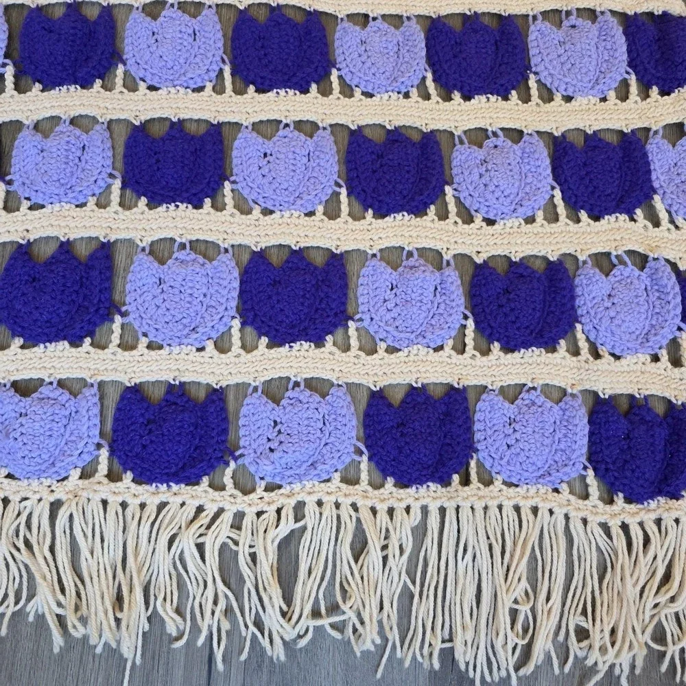 Vintage Handmade Crochet Purple & Cream Tulip Tulips Afghan Throw Blanket 85x45